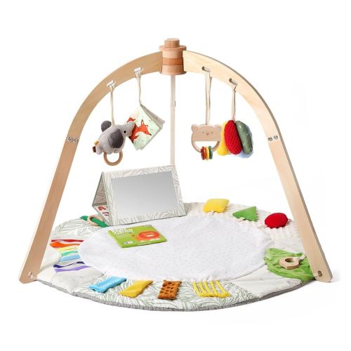 Wooden Baby Play Gym Mat – Anti - Slip Tummy Time & Activity Mat, 5 Developmental Zones & 6 Sensory Toys for Motor Skills, Easy Install & Clean | Newborn Essentials Gift
