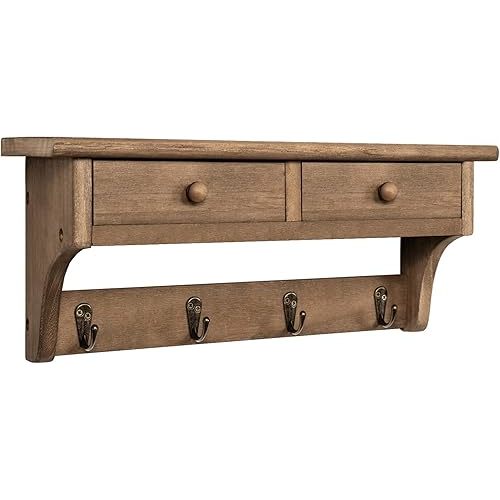 Emfogo Coat Hooks Mounted, Rustic Wood Coat Rack Mount Shelf with Hooks, Farmhouse Coat Rack with Shelf & Coat Hook for Entryway, Mudroom, Bedroom, Kitchen, Bathroom(Walnut)