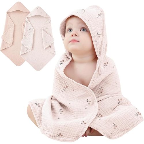 Susurration 2 Pack Thick Muslin Baby Towels, 100% Cotton Soft and Absorbent Baby Bath Hooded Towel for Newborn, Infant, Girls, Boys, Baby Essentials