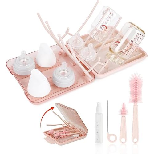 Baby Bottle Brush Set, 6-in-1 Travel Bottle Cleaning Kit with Silicone Bottle Brush, Nipple & Straw Brush, Soap Dispenser, Drying Rack, Storage Box – Compact Travel Baby Essential for Home & On-The-Go