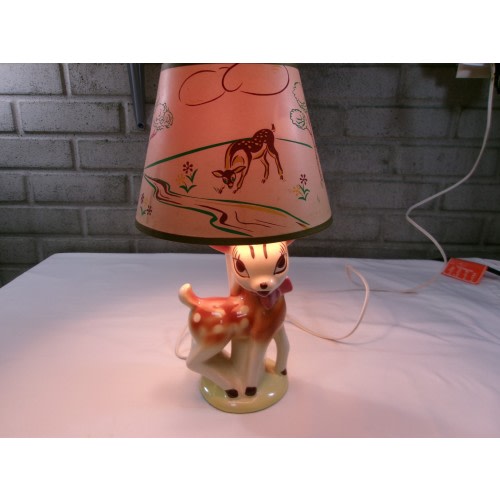 Rare Vintage Ceramic Bambi Nursery Lamp with Original Lamp Shade