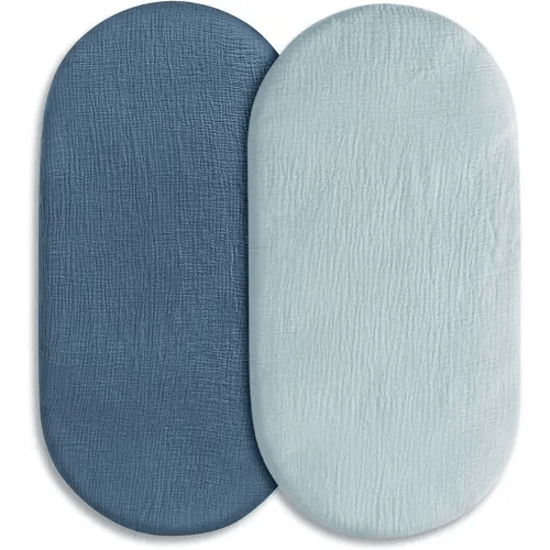 Muslin Bassinet Fitted Sheets, 2 Pack for Baby Boy and Girl, Soft Breathable Stretchy Baby Pad/Mattress Sheet Set, Universal Fit for Hourglass Oval and Rectangle Bassinet Mattress (Bright Colors)
