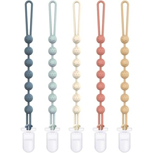 Cuddle Campus Silicone Pacifier Clip Holder with One Piece Design,Soft Flexible Binky Clips with Texture for Baby Boy and Girl Pack of 5 Plastic Clip (0-6m)
