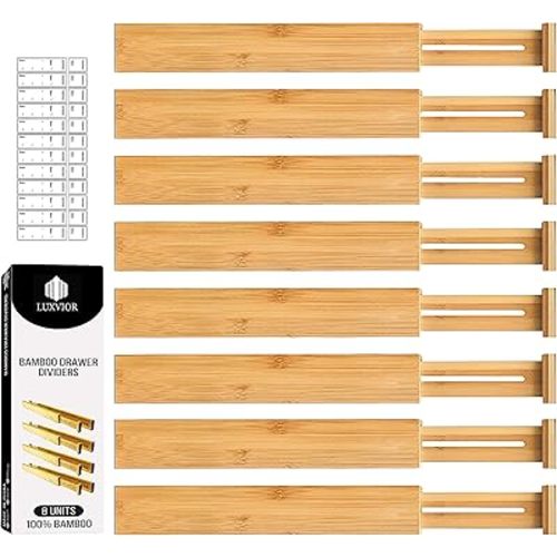 Expandable Bamboo Drawer Dividers 8 pack with labels(17"-22") Drawer Organizer for Kitchen, Clothes,Utensils,Silverware,Dresser,Office,Desk