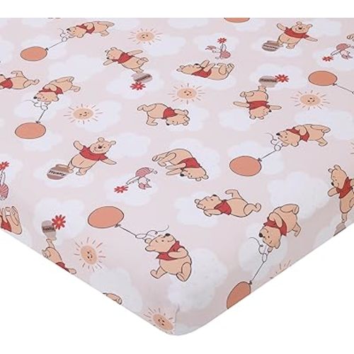 Disney Winnie The Pooh Tan, Red, and White Piglet, Balloons, and Hunny Pots Super Soft Nursery Fitted Mini Crib Sheet