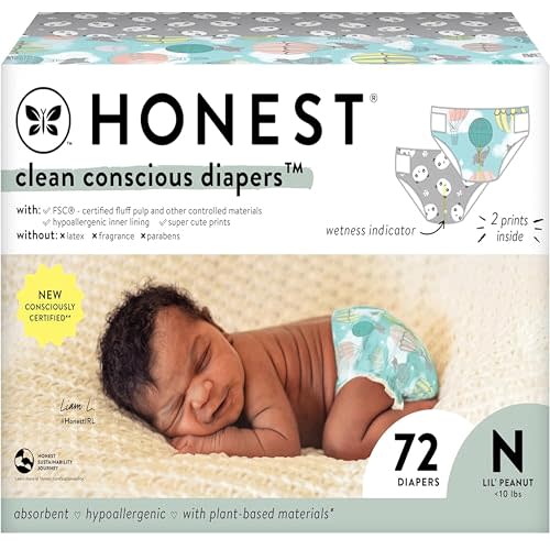 The Honest Company Clean Conscious Diapers for Sensitive Skin | Hypoallergenic, Fragrance Free | Gender Neutral Prints | Club Box, Size Newborn, 72 Count