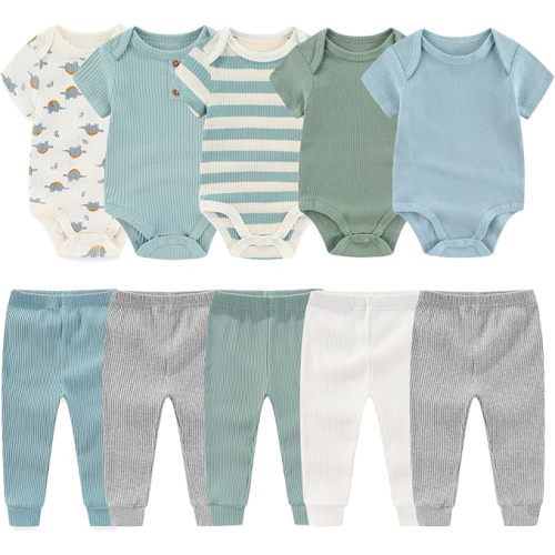 Newborn Baby Layette Gift Set 10-Piece Baby Boy Girl Short Sleeve Bodysuits with Pants Infant Outfit Essentials