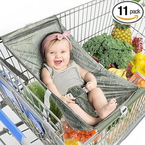 Binxy Baby Shopping Cart Hammock – Infant Seat for Grocery Carts – Holds Car Seats Securely – Compatible with Select 4-Seater Wagons (20–24” Wide) – Supports Up to 50 lbs – Sage Leaves