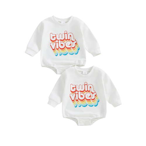 Suealasg Baby Twins Sweatshirts Rompers Newborn Baby Girl Boy Short Sleeve Letter Print Bodysuits Twins Boy Girl Matching Outfits 0-18 Months