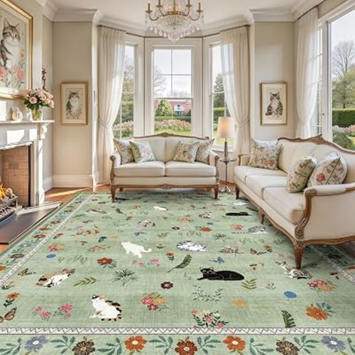 AIMPEAK Large Green 8x10 Washable Area Rug - Non Slip Low Pile Cat Floral Vintage Boho Large Carpet for Living Room, Bedroom, Farmhouse, Dining Room, Nursery, Girls Room, Kids Playroom, Green Multi