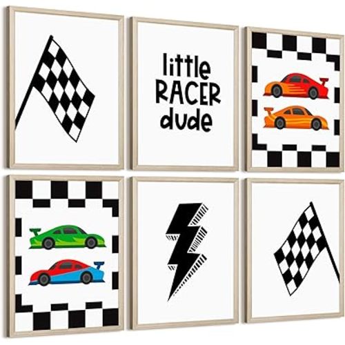 Race Car Wall Art Pictures Boys Room Wall Decor Nursery Toddler Canvas Wall Art Kids Playroom Art Prints Boys Race Car Poster Nursery Artwork Set of 6 for Bedroom 8x10 Inch Wood Framed