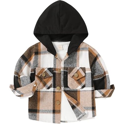 YOUNGER STAR Toddler Kids Boys Girls Flannel Hooded Plaid Shirt Button Baby Red Clothes