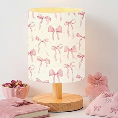 VIHOSE Bow Style Kids Table Lamp for Bedroom Kids Bedside Lamp with Linen Wooden Nightstand Cartoon Nursery Lampshade for Girls Boys Living Room
