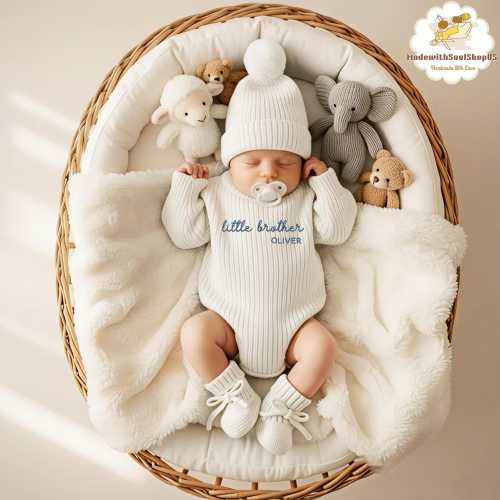 Embroidered Little Brother Knit Romper, Lil Brother Baby Bodysuit, Baby Boy Shower Gifts, Lil Bro Knitted Set With Beanie Hat and Booties