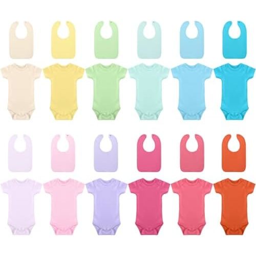 Hillban 24 Pcs Unisex Cotton Short Sleeve Bodysuits Baby Bibs Set for Baby Shower
