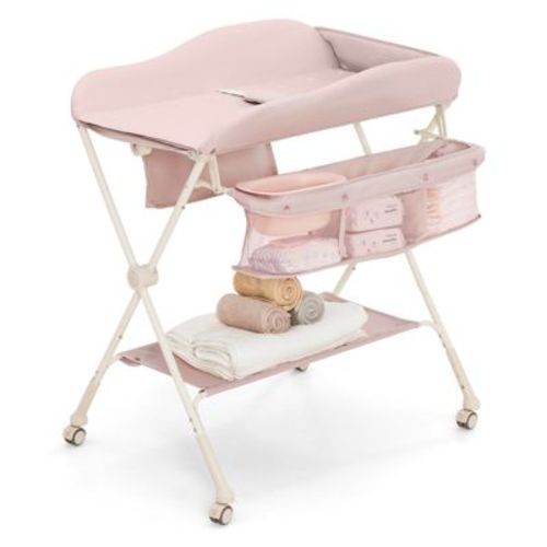 Pink Baby Changing Table with Water Basin and Wheels, Portable Diaper Changing Station for Nursery