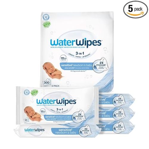WaterWipes Sensitive+ Newborn & Baby Wipes, 3-In-1 Cleans, Cares, Protects, 99.9% Water, Unscented & Hypoallergenic, 300 Count (5 Packs)