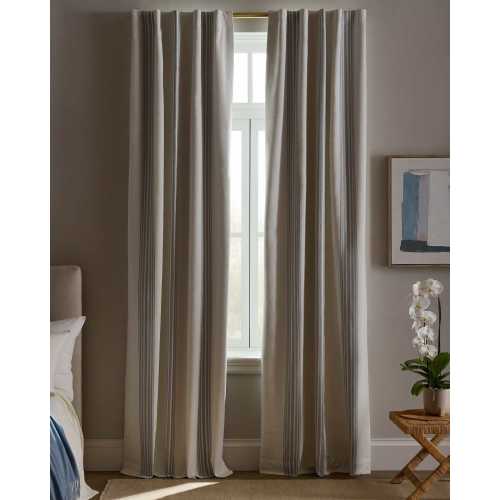 Coastal Stripe Linen Cotton True Blackout Curtian in Ivory/Light Blue