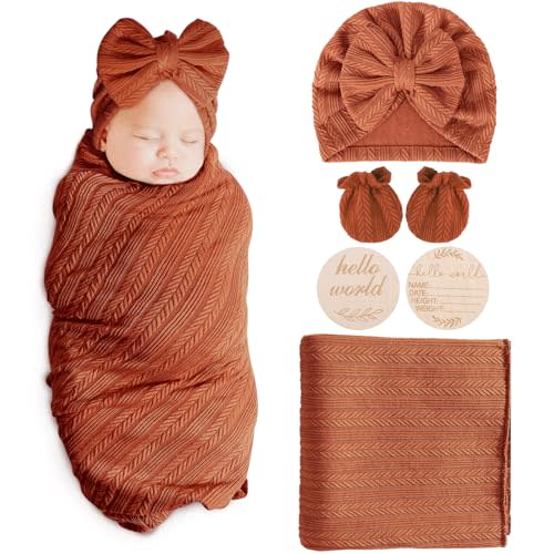 AQOKKA Newborn Receiving Blanket with Bow Hat Mittens Wooden Card Set Wheat-Pattern Newborns Toddler Baby Boy Girl Nursery Swaddle Wrap