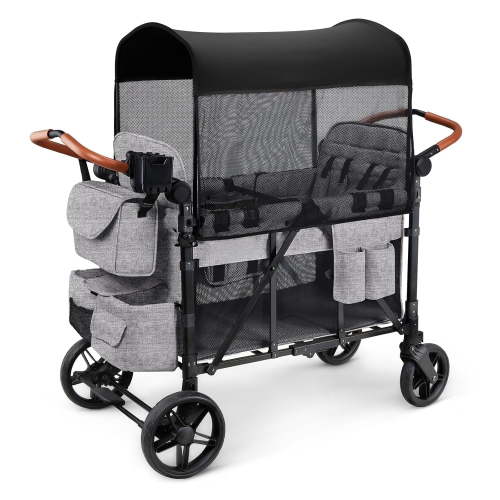 Matladin Wagon Stroller for 4 Seats, All-Terrain Wagon for Toddler with Canopy, Adjustable Handlebar, 5 Point Harness, Phone Holder, Shoulder Bag, Gray