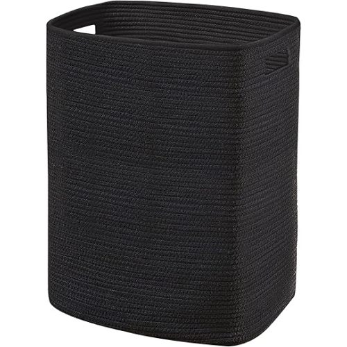 Large Laundry Hamper 16"x13"x22" - Tall Woven Laundry Basket, Cotton Rope Dirty Clothes Hamper, Baby Kids Nursery Wicker Laundry Basket, Bedroom Aesthetic, Soft Laundry Bin, Black Hamper, 75L
