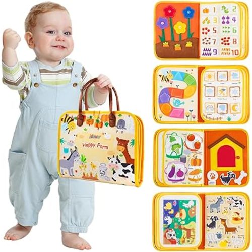 Jollybaby Montessori Activity Busy Book for Toddlers, Preschool Educational Learning Busy Board for 3 Year Old, Felt Quiet Book Birthday Gift - Farm