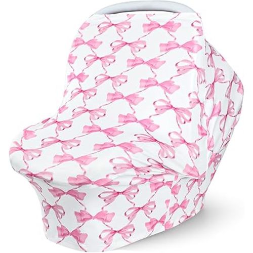 Baby Car Seat Cover Girls, Infant Carseat Canopy, Stretchy Multi- use Nursing Cover for Stroller/High Chair/Shopping Cart/Car Seat Canopies (Pink Bow)