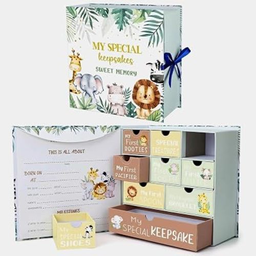 Beeveer Baby Keepsake Box Newborn Memory Organizer with 9 Labeled Compartments First Keepsake Book Gift Box for Pregnancy Mother"s Day Baby Shower New Maternity (Green,Jungle Animal)
