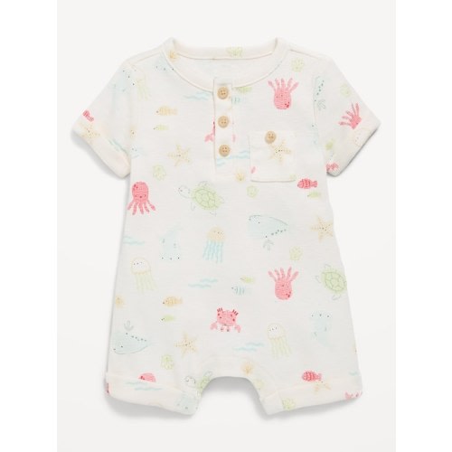 6-9 months. Printed Ribbed Henley Pocket One-Piece Romper for Baby