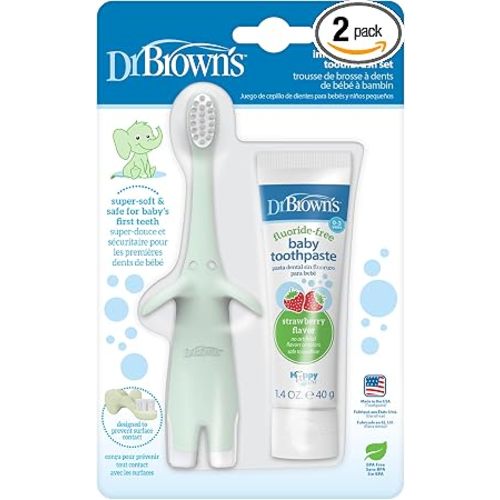 Dr. Brown’s Infant-to-Toddler Training Toothbrush Set, Mint Elephant with Fluoride-Free Strawberry Baby Toothpaste, 0-3 years
