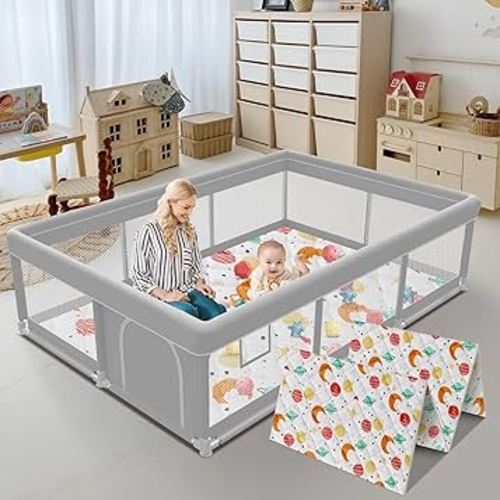 74x50 Inch Baby Playpen with Mat, Playpen with Cute Mat for Babies and Toddlers Play Pen Playards Safety Gate Fence Active Center Indoor