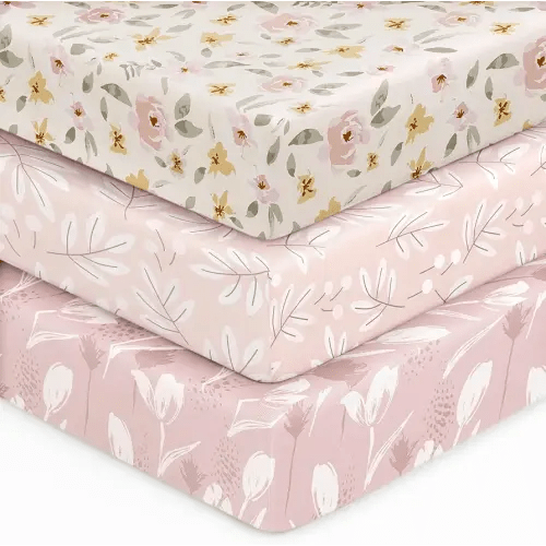 Baby Crib Sheets for Boys Girls, 28x52x8in Fitted Crib Sheet Neutral 3 Pack for Standard Crib and Toddler Mattress, Breathable Soft Microfiber Baby Sheet Pink Flowers & Leaf