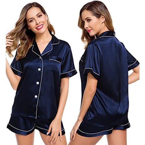 LecGee Womens Silk Satin Pajamas Short Sleeve Loungewear Two-Piece Sleepwear Button-Down Pj Set