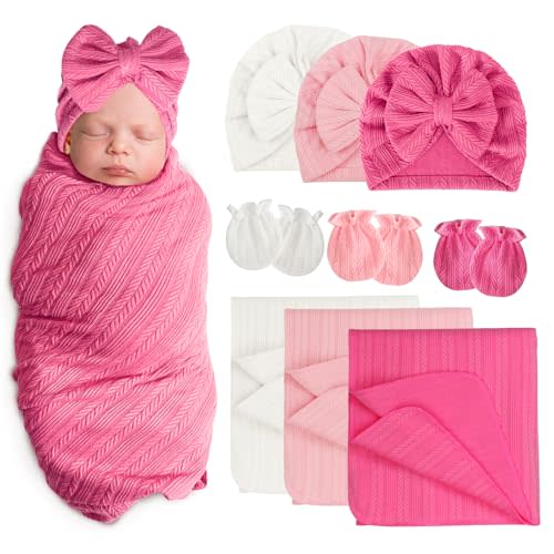AQOKKA Baby Swaddle Blankets with Bow Hat Mittens Set Wheat-Pattern Infant Receiving Blankets Swaddles for Newborns Unisex Toddler Swaddle Wrap Sets for Baby Girls Boys Nursery Warm Shower Gift