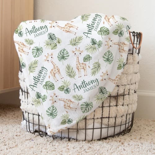 Custom Giraffe Nursery Baby Name Blanket, Personalized Safari Swaddle Baby Shower Gift, Giraffe New Mom Hospital Blanket, Newborn Gift
