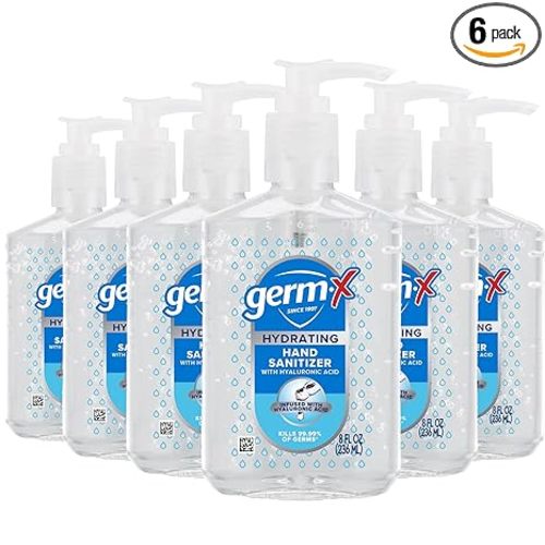 Germ-X Hydrating Hand Sanitizer, with Hyaluronic Acid, 8 FL Oz (Pack of 6), No Rinse Formula, Sanitizing Liquid Gel for All Skin Types, Formulated Without Parabens, Phthalates & Dyes