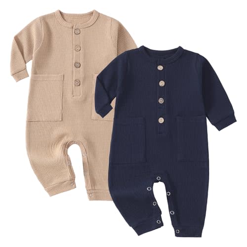Yookoom Baby Boys Girls 2 Pack Solid Romper Ribbed Long Sleeve One-Piece Knit Cotton Jumpsuit Outfits Clothes