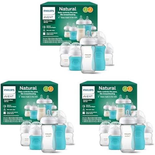 Philips Avent Natural Newborn Glass Gift Set, Baby Bottles with Natural Response Nipples, 3X 4oz (Slow Flow, Flow 2) and 2X 8oz (Medium Flow, Flow 3), 2X Silicone Sleeves, SCD858/01 (Pack of 3)