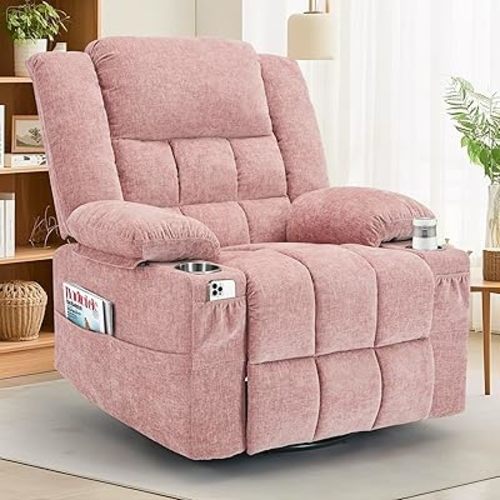 Korser 360° Swivel Rocker Recliner for Adults, Nursery Glider Recliner with Massage and Heating, Rocking Chair with Cup Holder, Manual Recliner Chair for Living Room, Bedroom (Fabric, Pink)