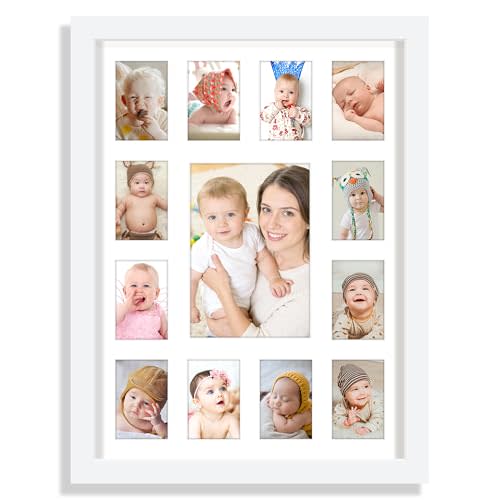 DUENPY 12x16 Inch My First Year Picture Frame - Displays 1 Center Photo (5" x 7") and 12 Small Photos (2.5" x 3.5") | Wall Hanging or Tabletop Collage Frame for Newborn Keepsake & Baby Gift, White