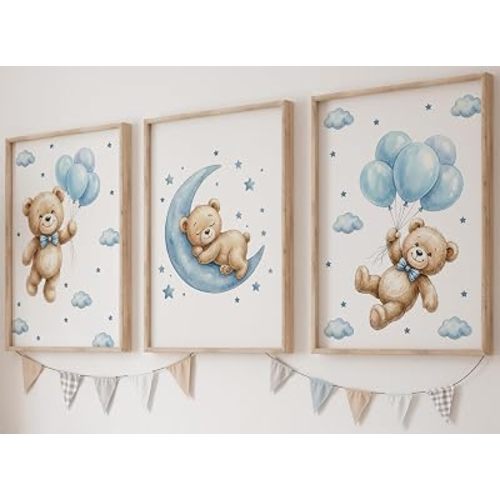 Eviepops Prints Blue Teddy Bear Nursery Unframed 3 Set Wall Art 12x16
