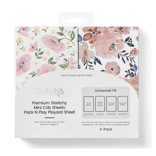 Graco Pack and Play Sheets Fitted, TotAha Buttery Soft Mini Crib Sheets Girl, Floral Pack N Play Mattress Sheets Hypoallergenic, Premium Jersey Playrad Sheets, Meredith Allover & Pale Pink, 2 Pack