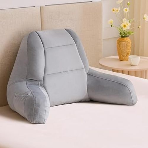 Reading Pillows for Sitting in Bed Adult, Back Pillow for Bed Sitting Up, Backrest Pillows with Shredded Foam for Adult&Teens, Support Pillow with Arms for Beds, Couch, Floor, 18in, Grey