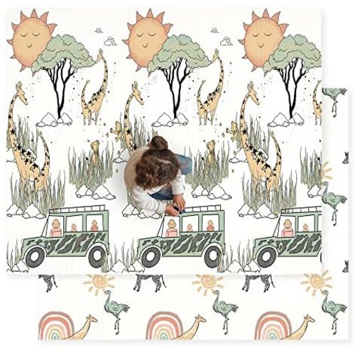 JumpOff Jo - Large Waterproof Foam Padded Play Mat for Infants, Babies, Toddlers, Play & Tummy Time, Foldable Activity Mat, 70 in. x 59 in. - Safari