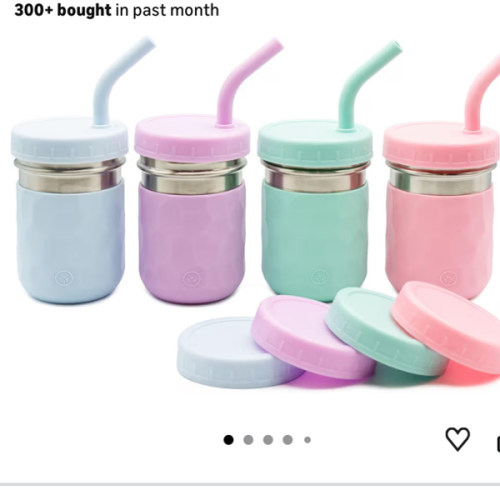 WeeSprout 2-in-1 Drinking Cups for Kids, Durable Stainless Steel Tumbler for Smoothies, Silicone Straws with Stoppers, Premium Plastic Twist Lids, Easy-Grip Sleeves, Set of 4 Dishwasher Safe Kid Cups