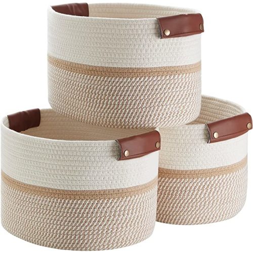 3 Pack Cotton Rope Storage Basket Woven Shelf Storage Bin with Faux Leather Handles, Decorative Closet Shelf Woven Basket for Storage Organizers, 15 x 10 x 9, White/Brown