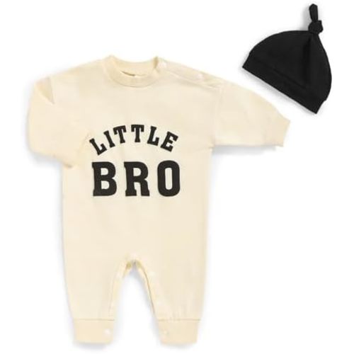 Newborn Boy Fall Winter Outfits Baby Boy Soft Cotton Romper Little Bro Print Jumpsuit Coming Home Clothes with Hat