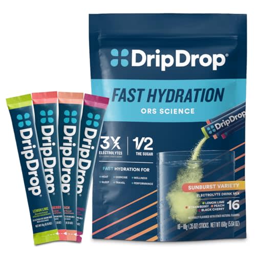 DripDrop Hydration Packets - Sunburst Variety Pack - Single Serve Electrolytes Powder Drink Mix - Lemon Lime, Strawberry, Peach, Black Cherry - Non-GMO, Gluten Free, Vegan - 16 Sticks