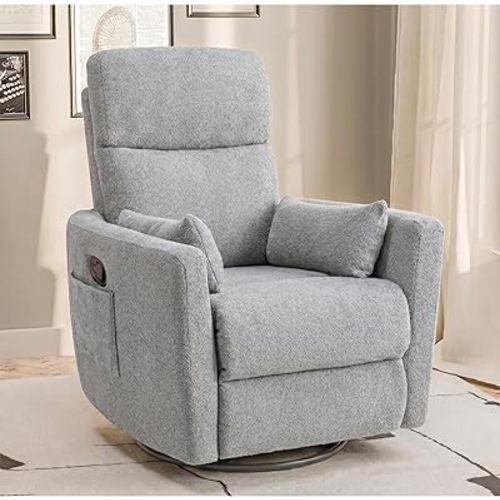 Flamaker Swivel Recliner Chair, Massage Nursery Rocking Chair with 2 Pillows, Comfy Single Sofa Glider Rocking Chair with Side Pockets for Living Room (Fabric, Grey)