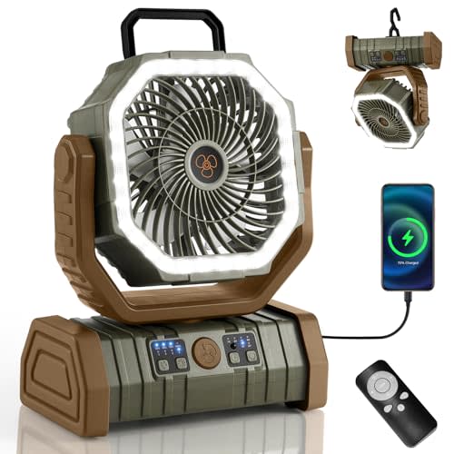 Odoland 30000mAh Camping Fan with LED Lantern, Rechargeable Battery Fan | Operated Oscillating Fan with Remote & Hook, Portable Tent Fan with Timer, 4 Speeds for Outdoor Camp RV Power Outage, Brown
